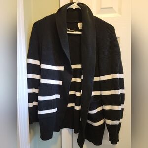 Black and White Striped Women's Oversized Cardigan Sweater